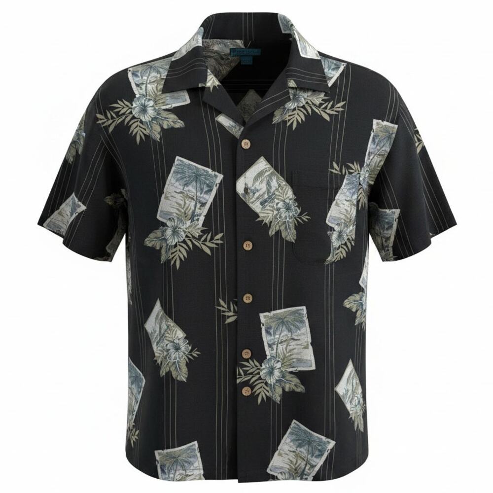 Vintage Paradise Blue Men’s 100% Silk Black Tropical Aloha Men's Large
